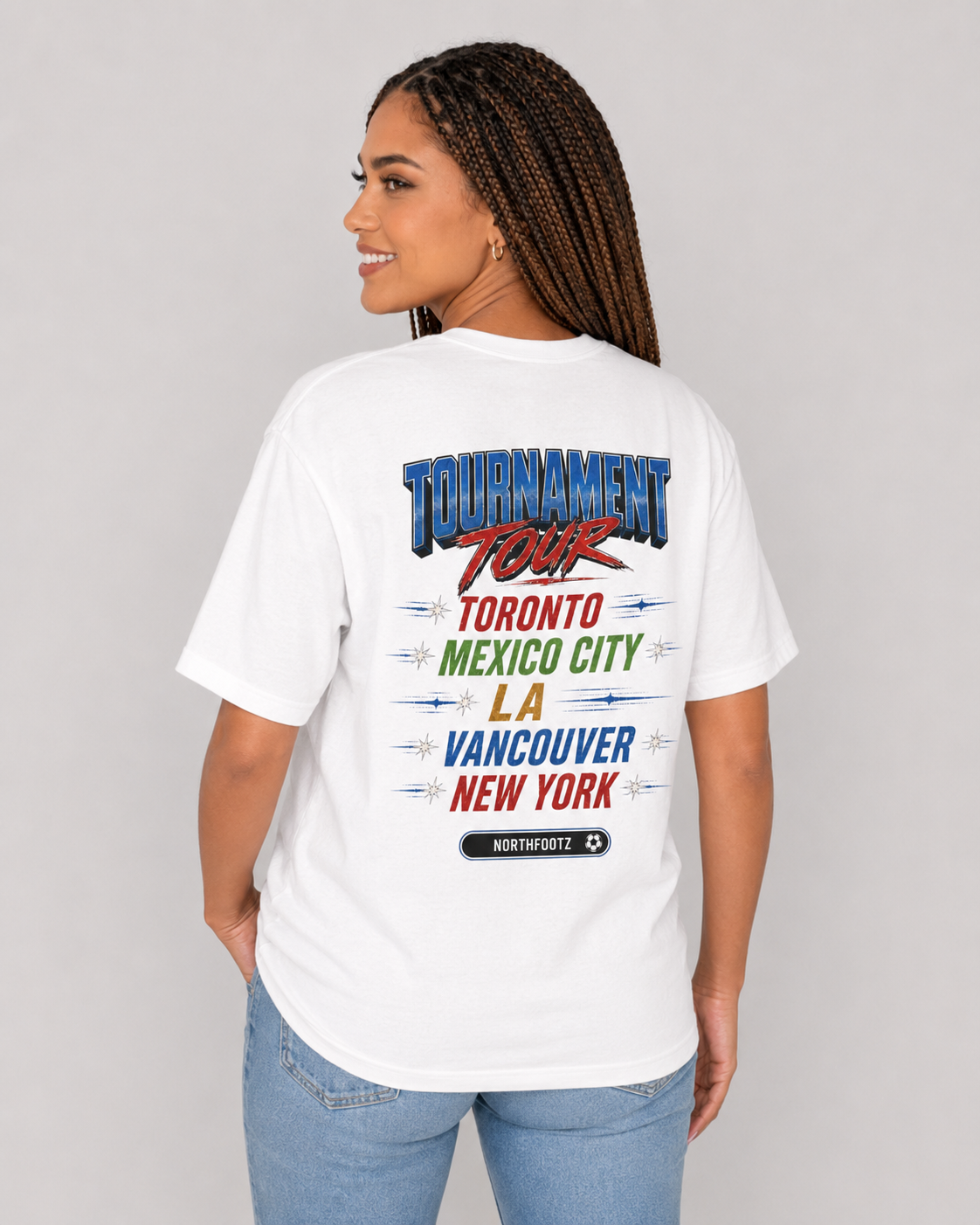 FWC 26 World Cup Game Day Tee — Kicking Football Cartoon with Host Cities & Flags