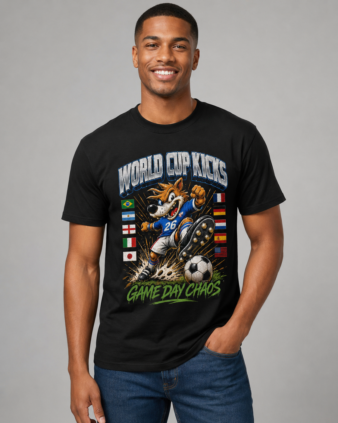 FWC 26 World Cup Game Day Tee — Kicking Football Cartoon with Host Cities & Flags