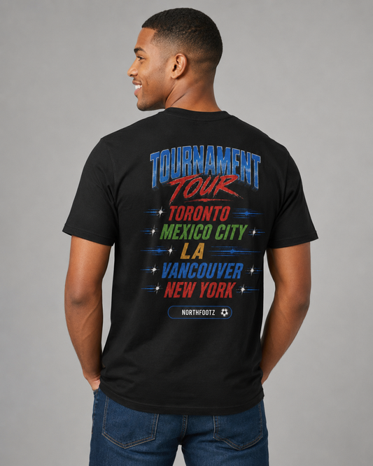 FWC 26 World Cup Game Day Tee — Kicking Football Cartoon with Host Cities & Flags