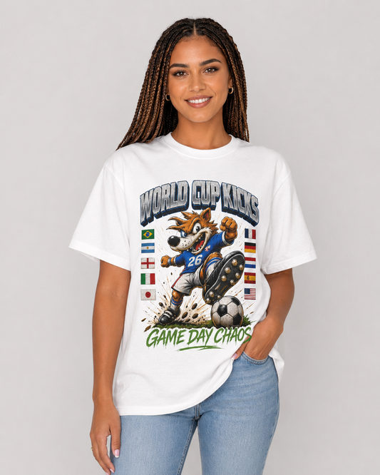 FWC 26 World Cup Game Day Tee — Kicking Football Cartoon with Host Cities & Flags