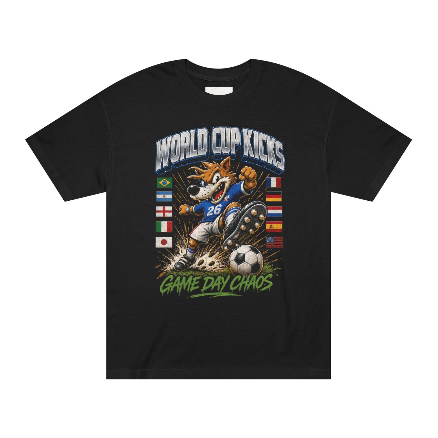 FWC 26 World Cup Game Day Tee — Kicking Football Cartoon with Host Cities & Flags