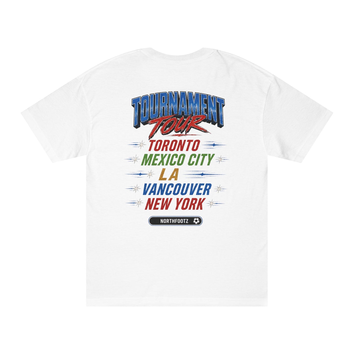 FWC 26 World Cup Game Day Tee — Kicking Football Cartoon with Host Cities & Flags