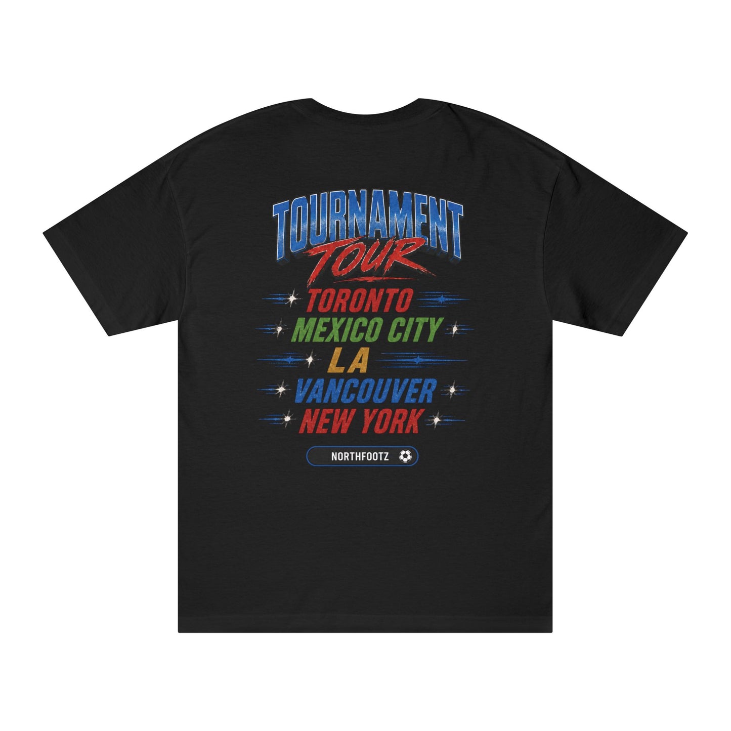FWC 26 World Cup Game Day Tee — Kicking Football Cartoon with Host Cities & Flags