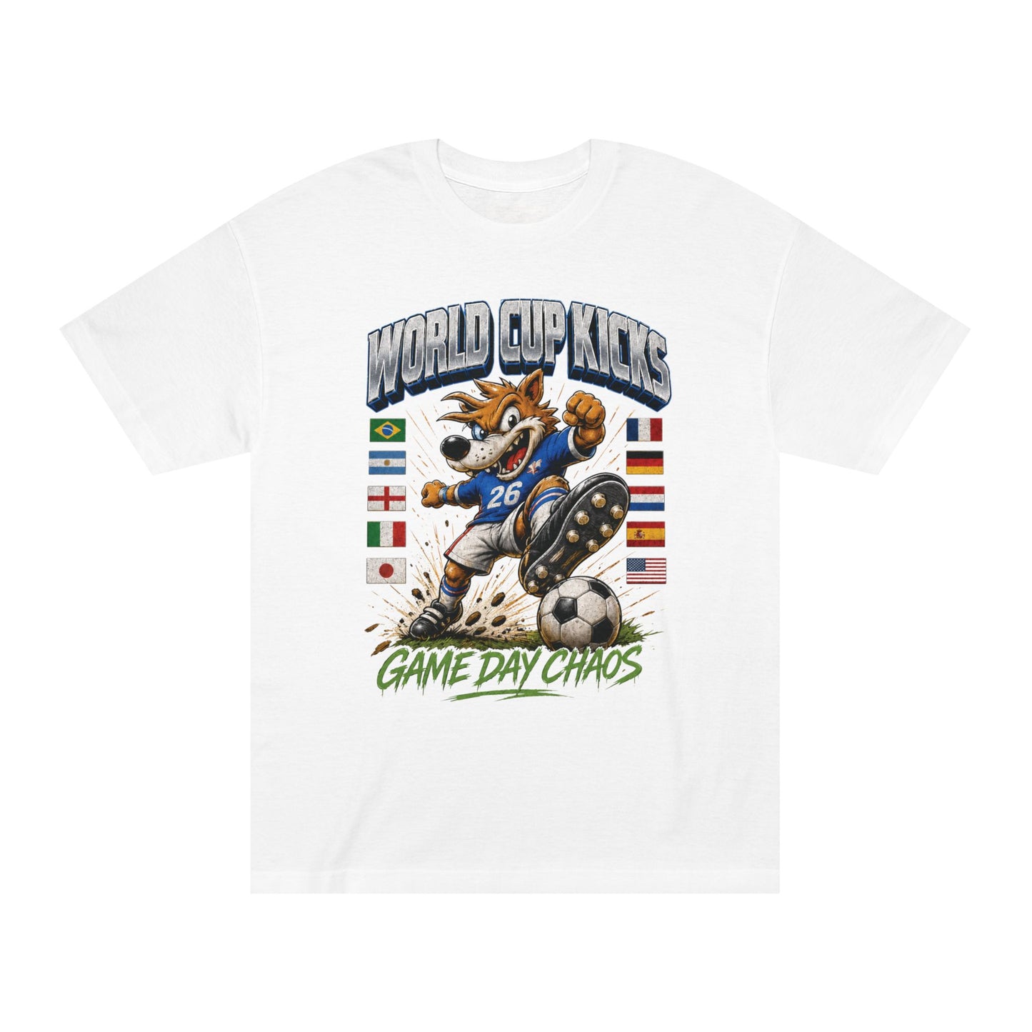FWC 26 World Cup Game Day Tee — Kicking Football Cartoon with Host Cities & Flags